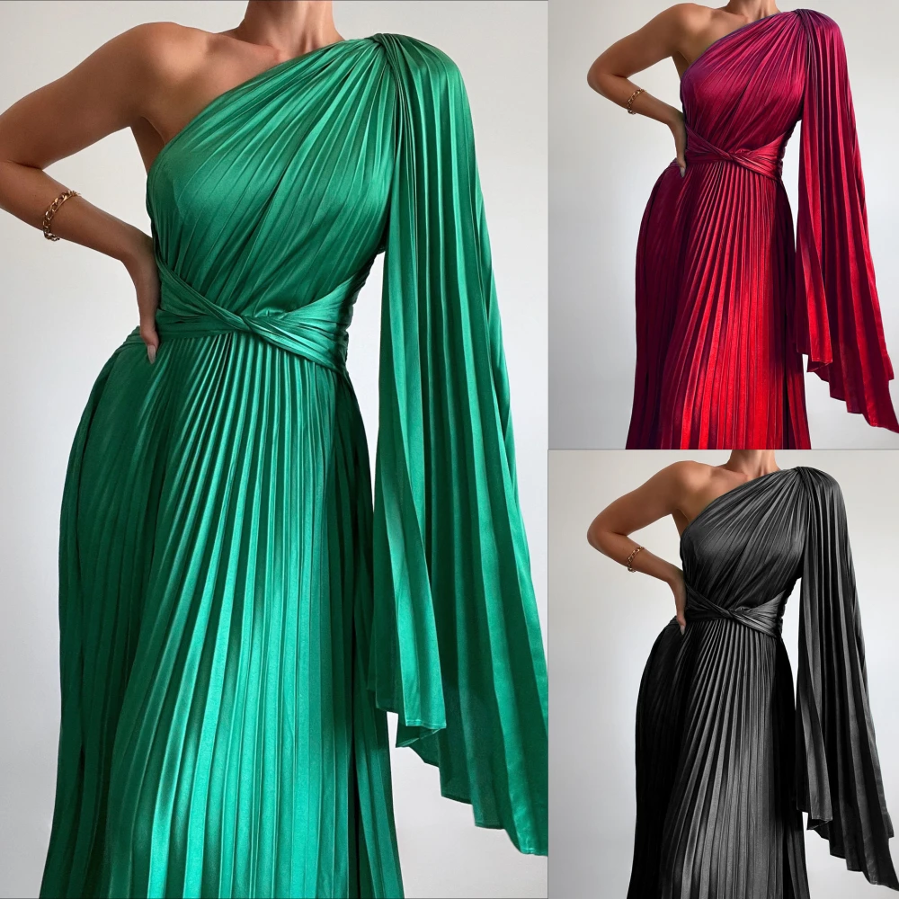 Slant Shoulder Pleated Casual INS Loose Vacation Party Length Dress