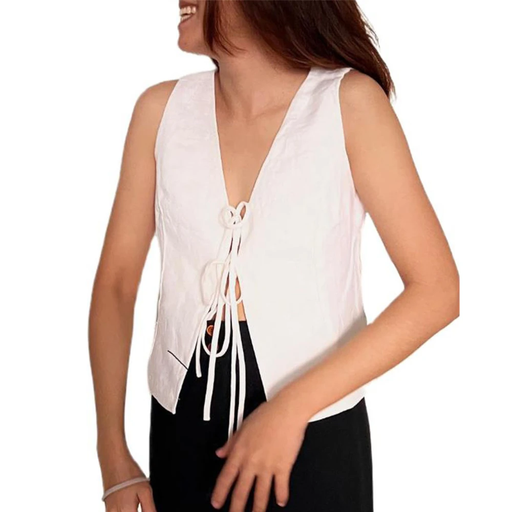 Womens Striped Tank Tops Fitted V Neck Tie-Up Sleeveless Vest