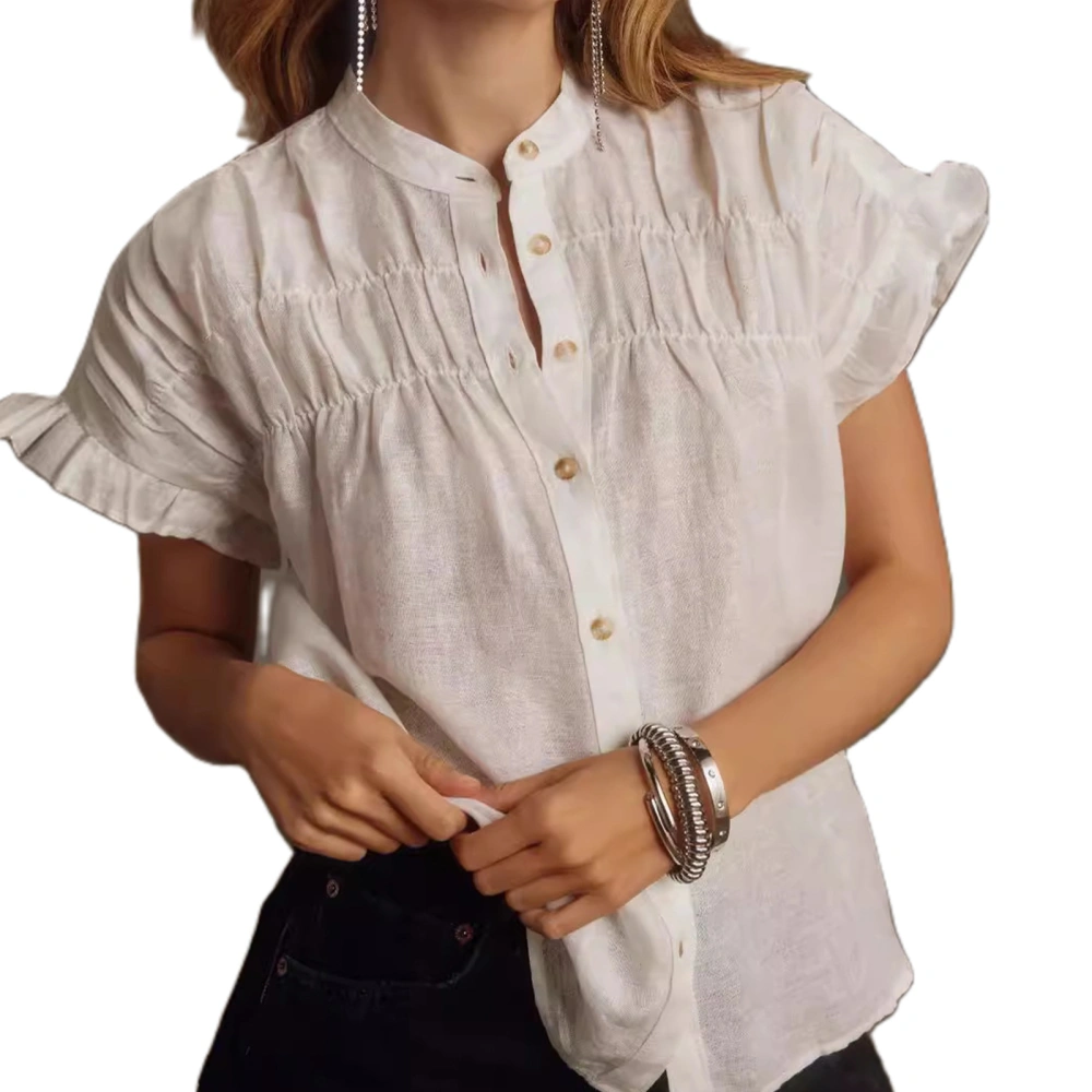 Women's Cotton Linen Shirt Solid Ruffled Sleeve Mock Neck Blouse