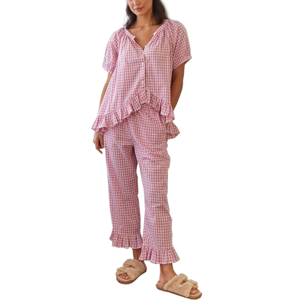 Women’s 2 Piece Pajama Set Plaid Print Button Up Shirt + Ruffle Pants