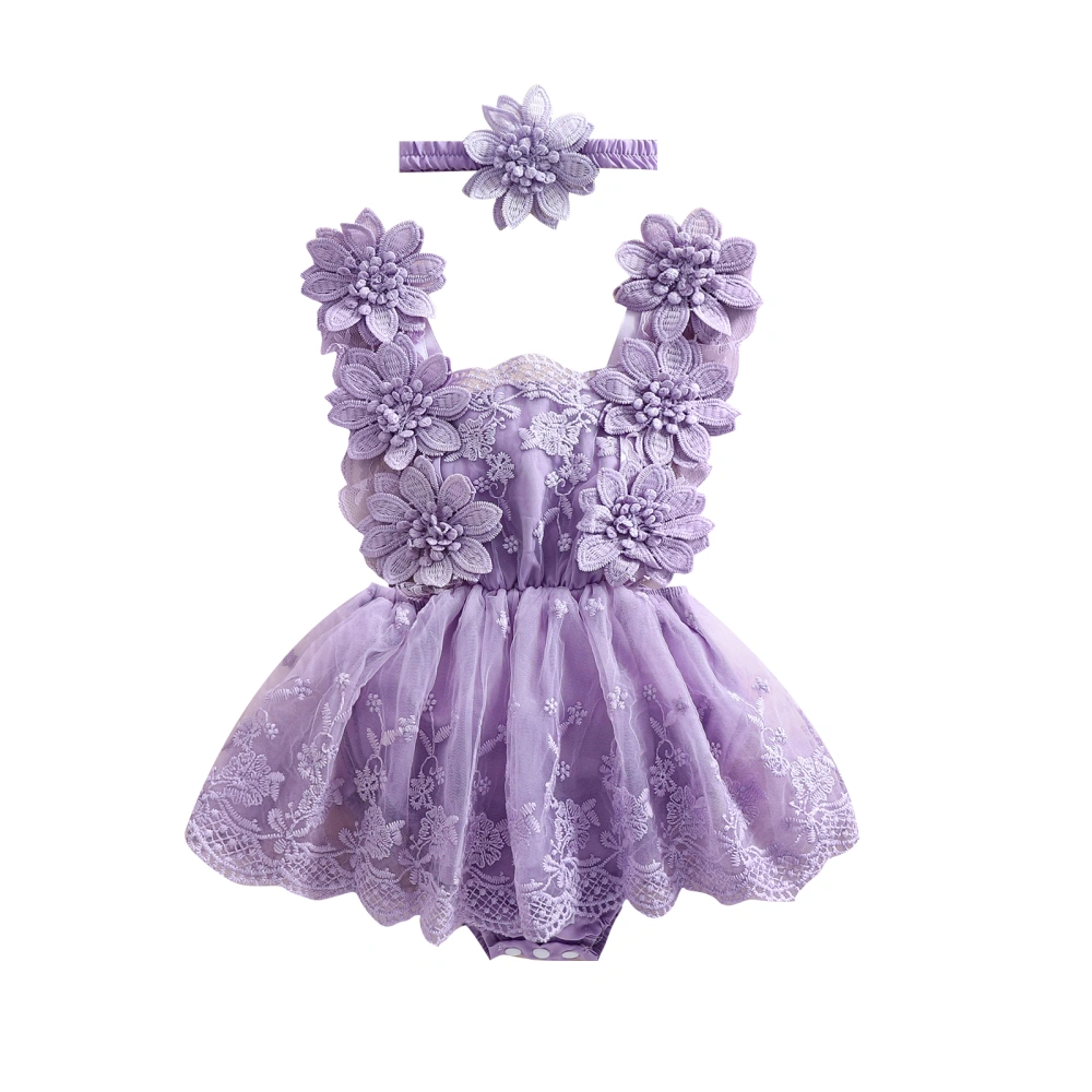 Baby Girl Summer Outfit, Flower Tie-Up Mesh Romper Dress Bow Headband 