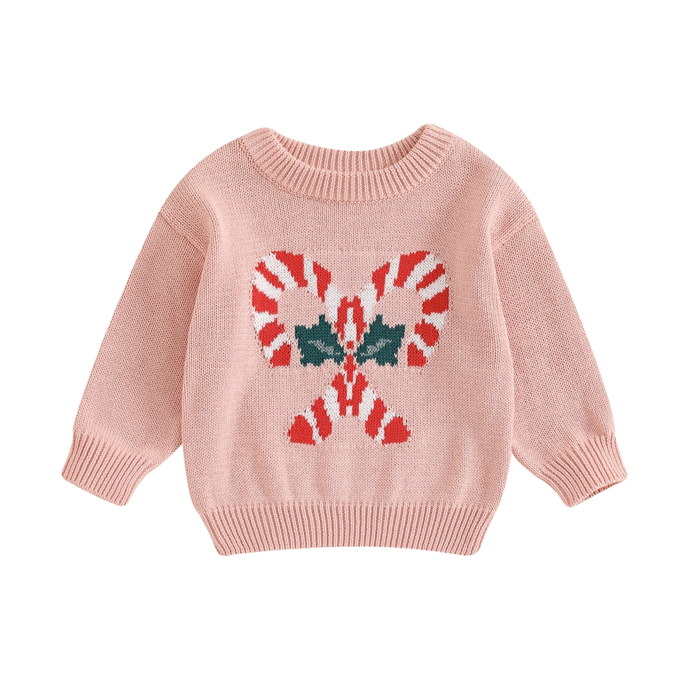 Girls Christmas Sweater Long Sleeve O Neck Candy Cane Print Knitwear