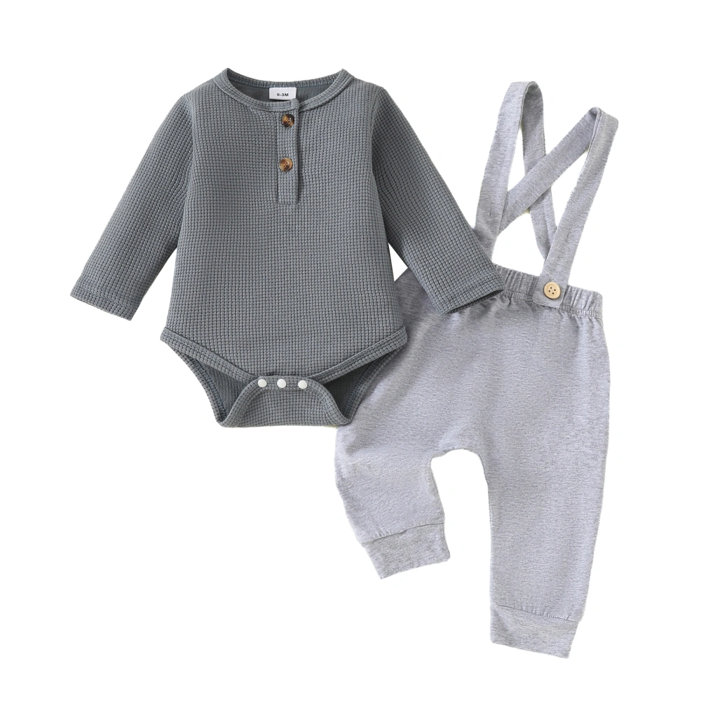 Baby Set Button Waffle Long Sleeve Romper Long Overall Pants Suit