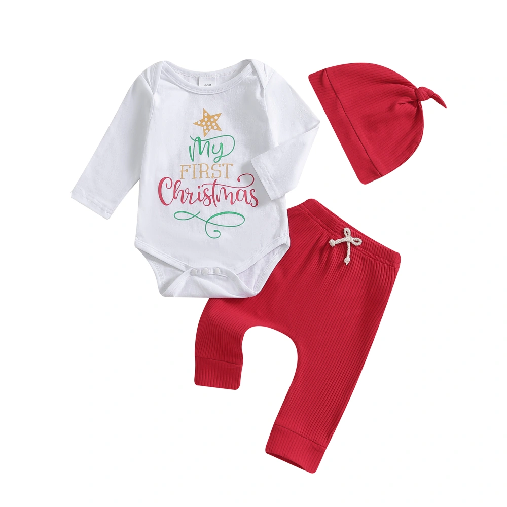 Baby Christmas Outfit Letter Long Sleeve Romper Solid Pants Hat Set