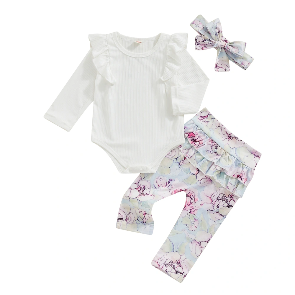 Baby Girls Fall Outfit, Long Sleeve Romper with Flower Pants Headband