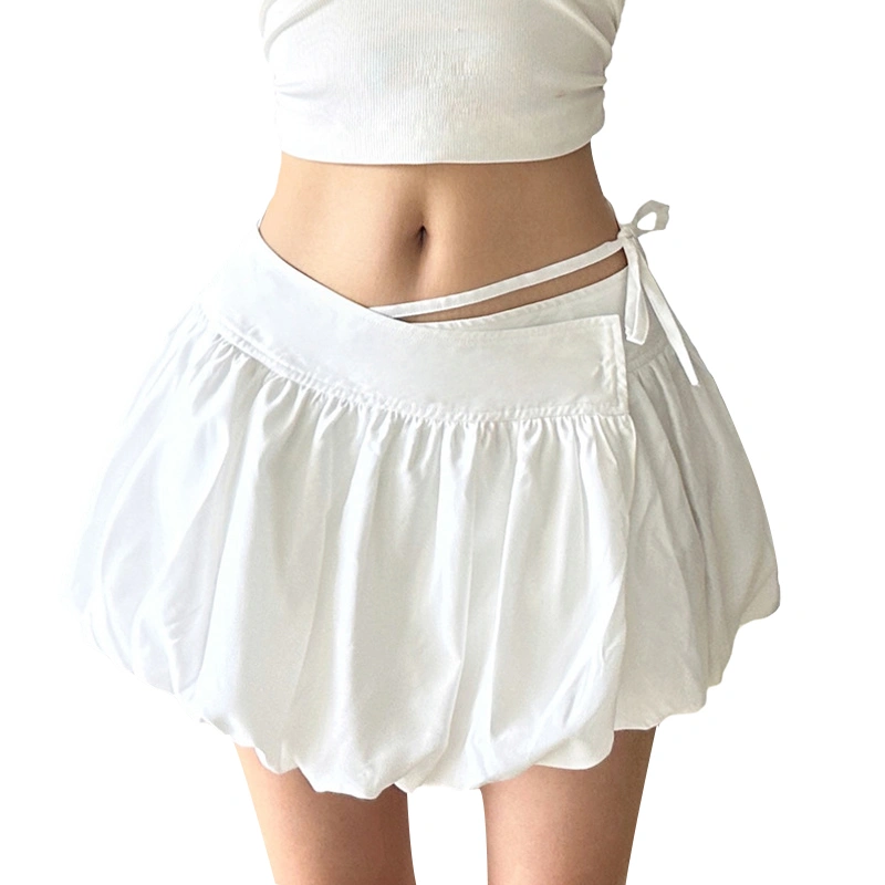 Women's Mini Bubble Skirt Cute Low Waist Solid Color Wrap Skirt