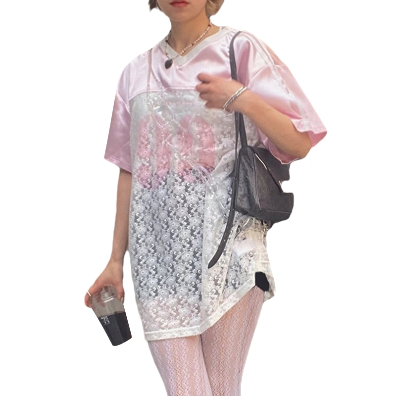 Women's Lace Patchwork Loose Tee V-Neck Short Sleeve Sheer T-shirt 