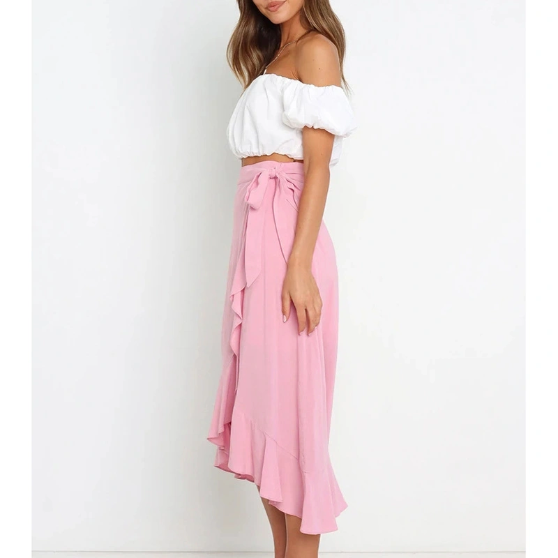 Women's Ruffled Wrap Long Skirt Solid Color Tie Waist A-Line Skirt 