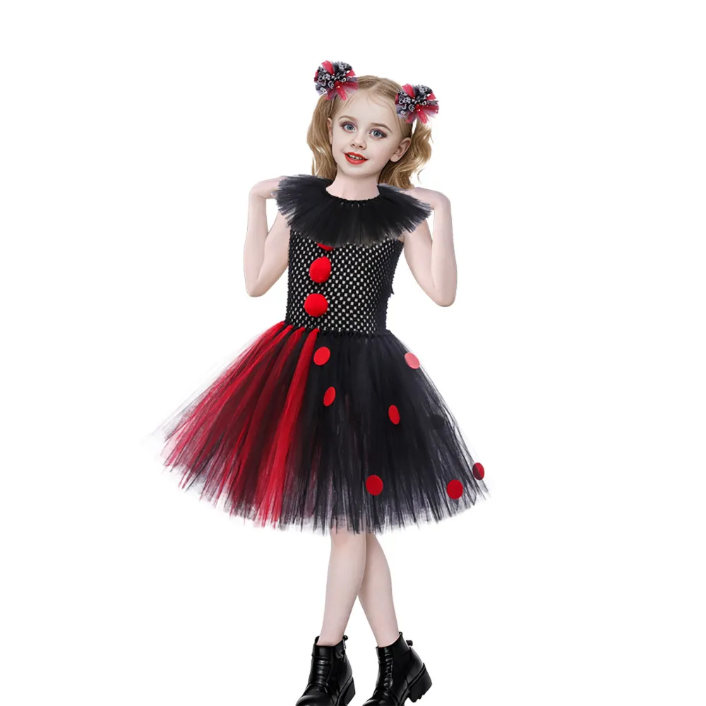 Girls Halloween Costume Clown Dress with Collar Headpiece and Gloves