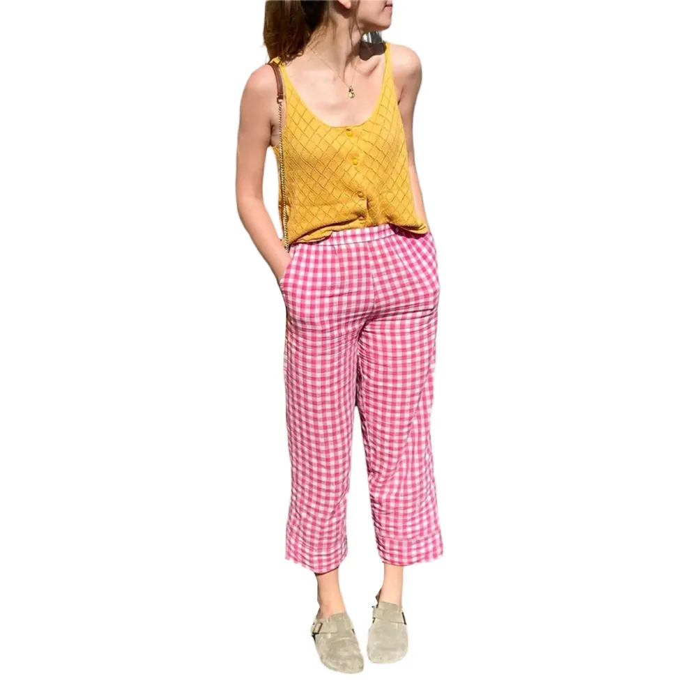 Women Baggy Pants Elastic Waistband Loose Wide Leg Striped/Plaid Pants