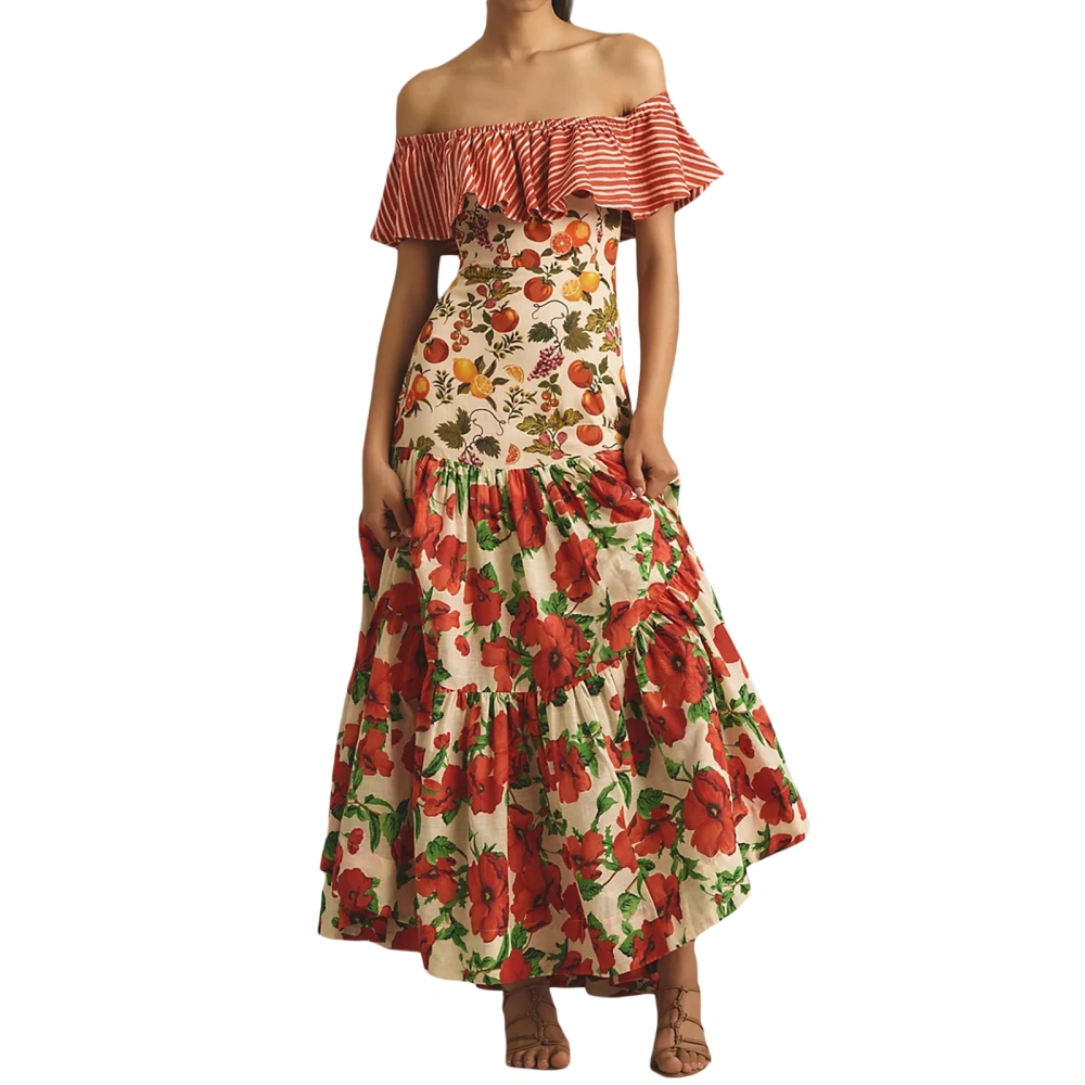 Women Off-shoulder Dress, Sleeveless Striped Fruit Flower Long Dress