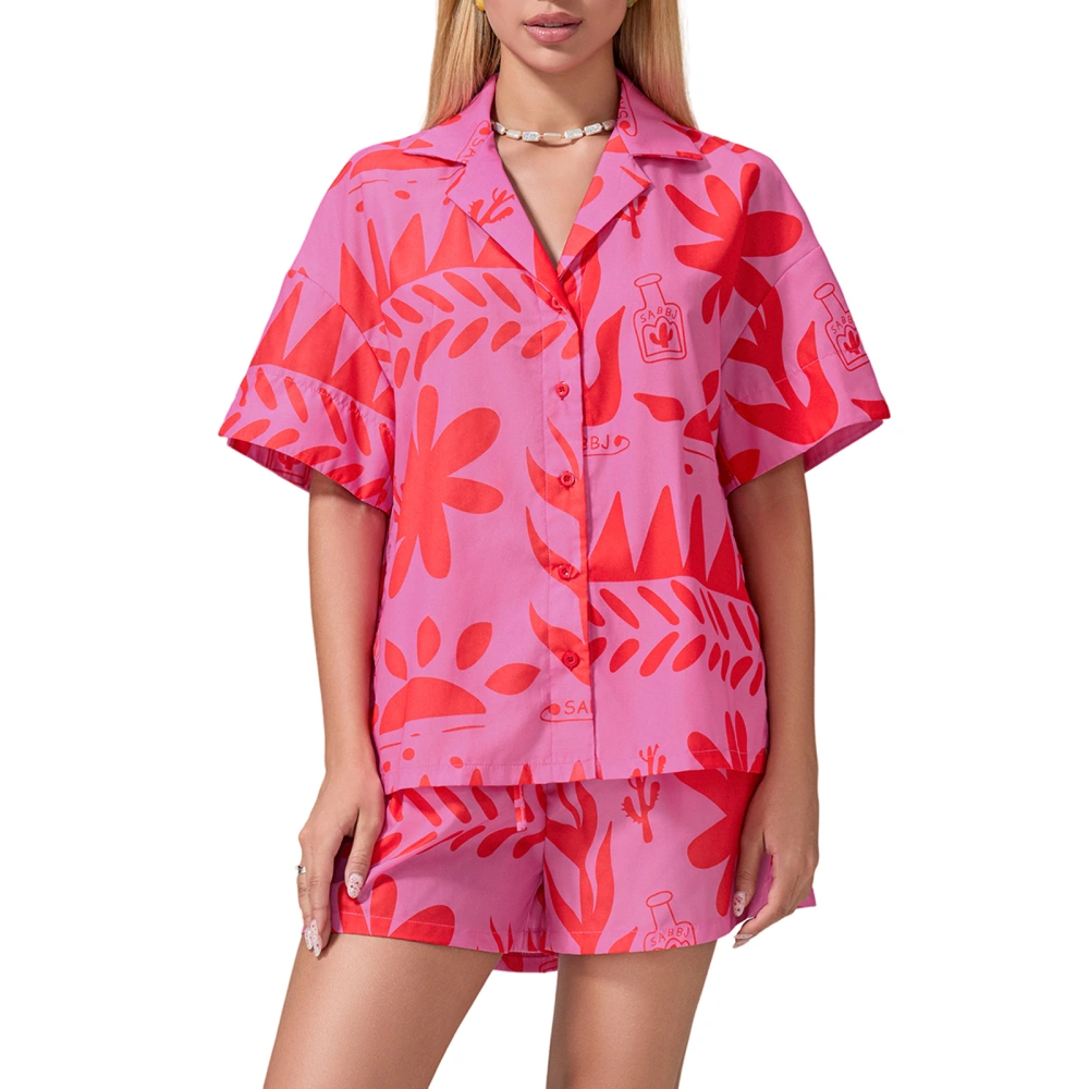 Women Shorts Set, Printed Short Sleeve Shirt with Elastic Waist Shorts