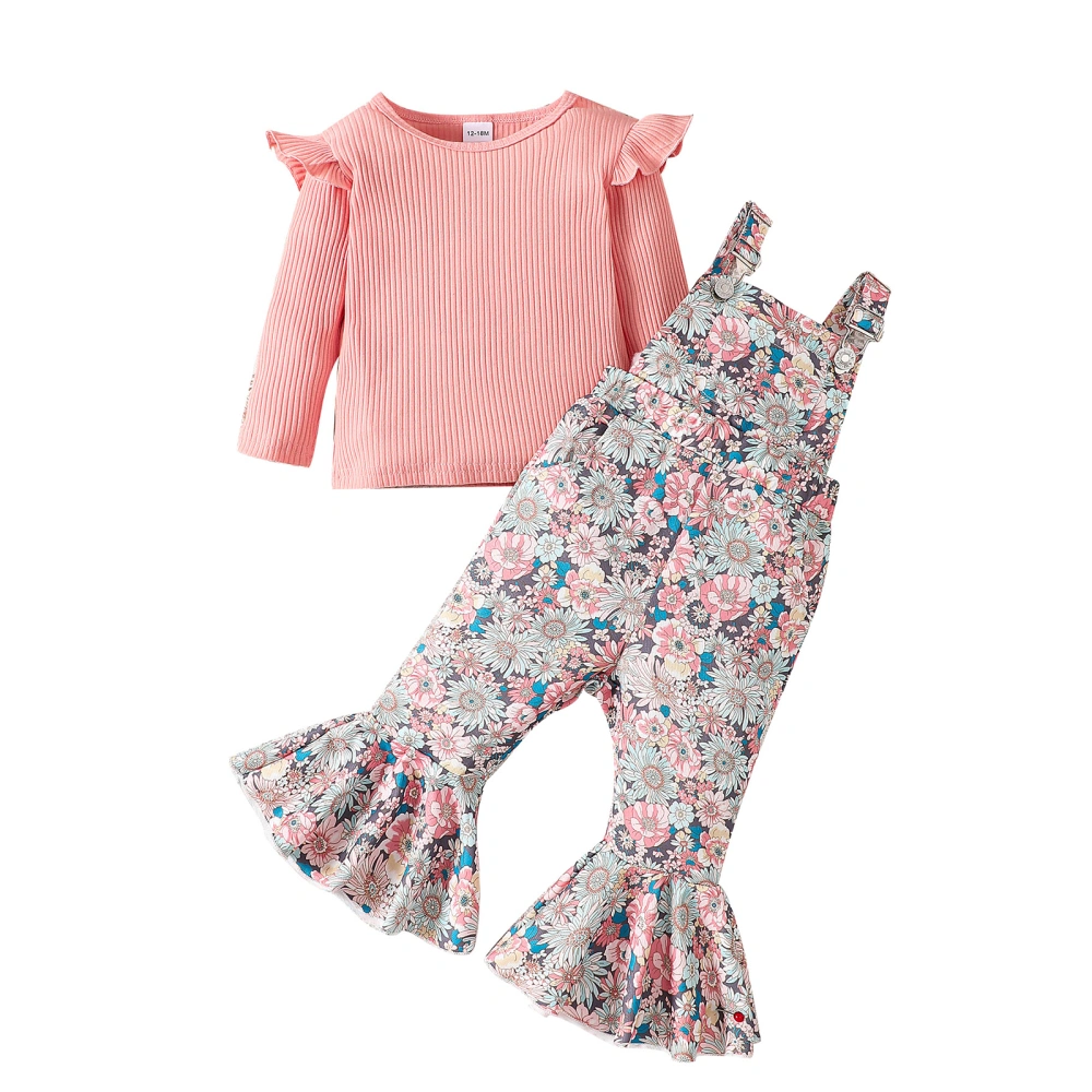 Girls Fall Outfits Long Sleeve Tops + Floral Print Suspender Pants