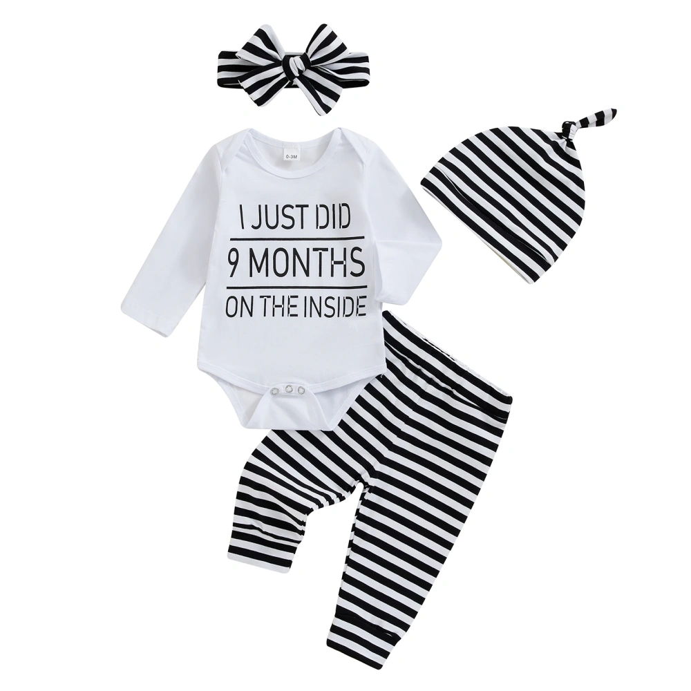 Baby 4Pcs Fall Outfits Romper + Stripes Pants + Hat + Headband