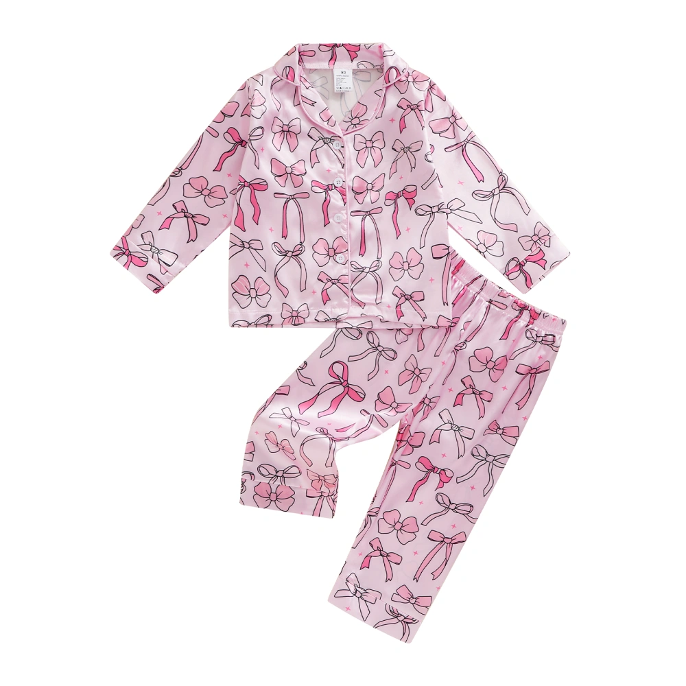 2Pcs Girls Satin Pajamas Set Long Sleeve Bow Print Shirt and Pants