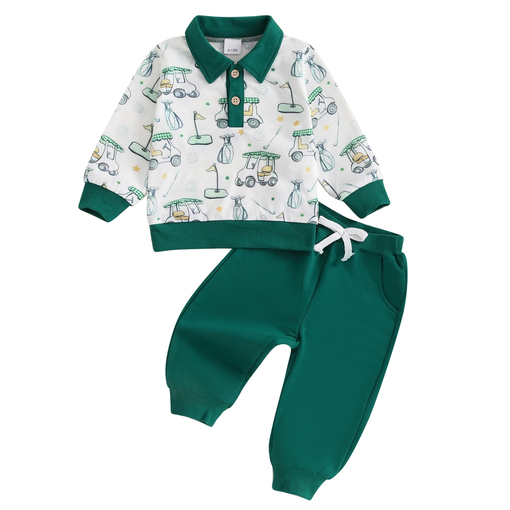 Boys 2PCS Outfit Long Sleeve Lapel Golf Print Tops Solid Color Pants