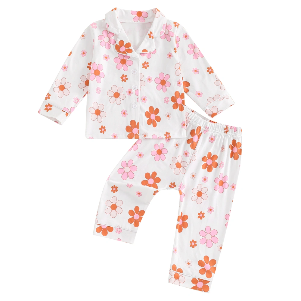 Little Girl Pajama Sets Floral Button-up Tops Long Pant Loungewear Set