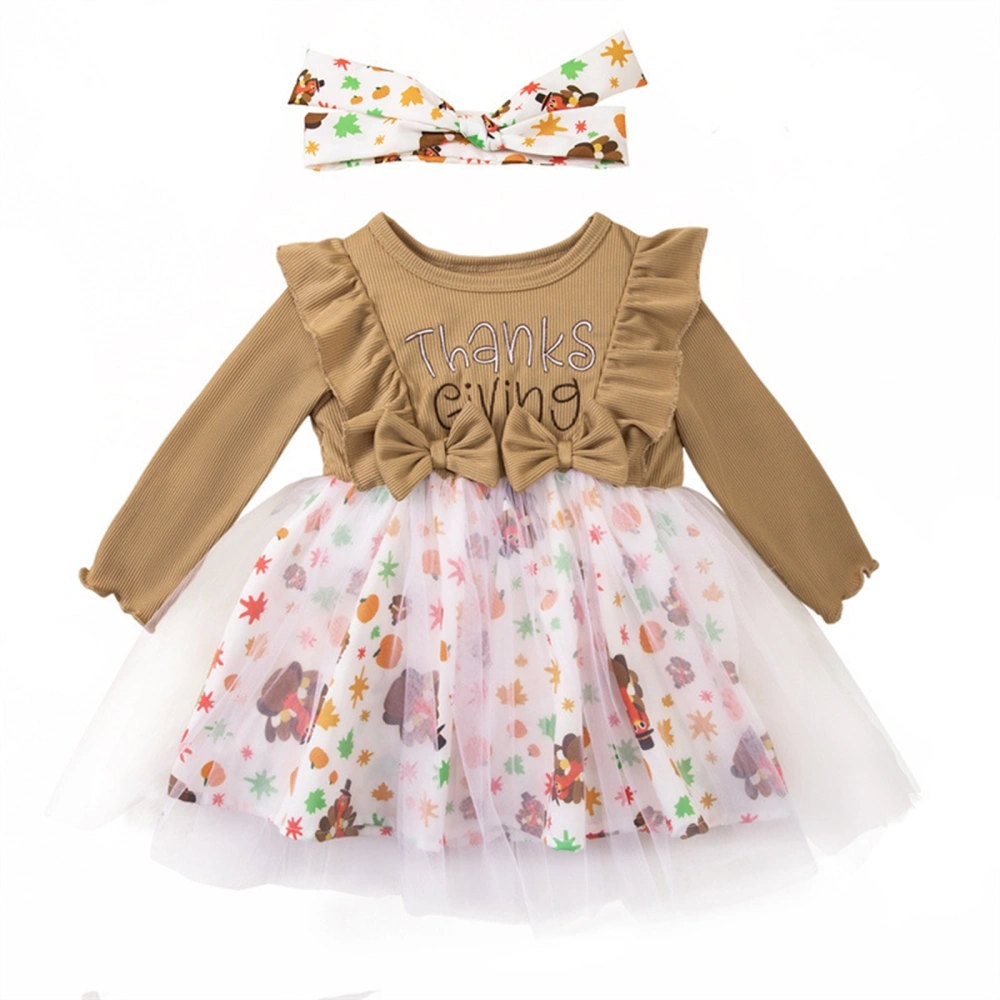 Girl Thanksgiving Dress Long Sleeve Turkey Letter Print Dress Headband