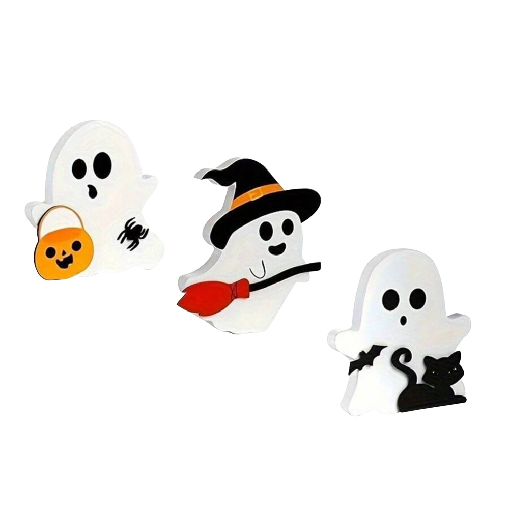 Halloween Ghost Figurines Wood Layered Tray Ornaments for Indoors