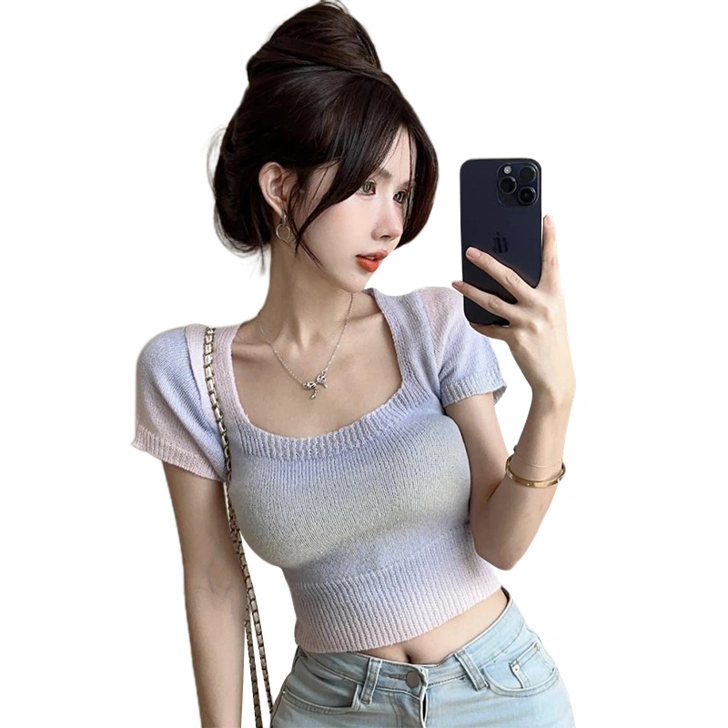 Womens Knit Tops Tight Gradient Square Neck Short Sleeve Crop T-Shirt