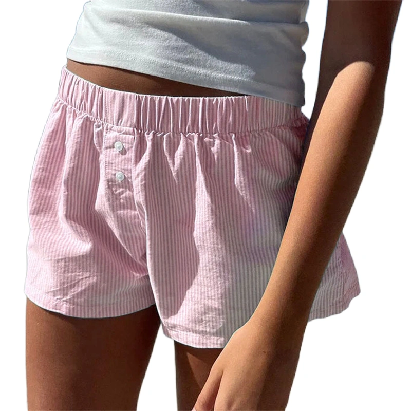 Women's Stripe Print Shorts Button Detail Elastic Waist Short Pants 