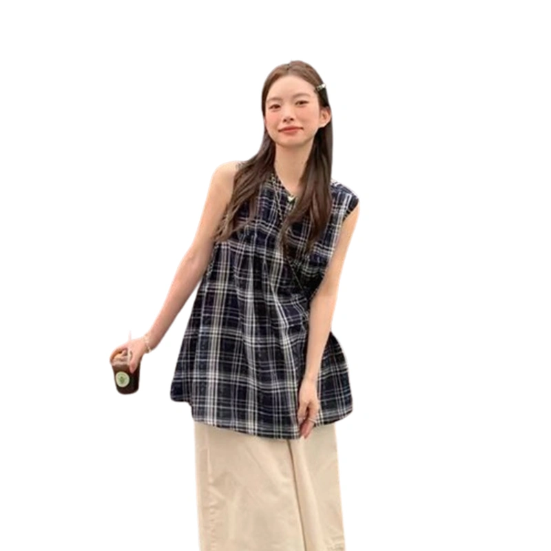 Women's Sleeveless Plaid Print Shirt Round Neck Loose Tank Tops