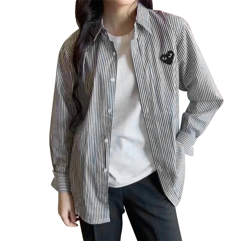 Women Button down Shirt Heart Patch Stripe Print Long Sleeve Blouse