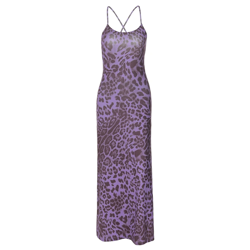 Women Long Dress Leopard Print Cross Tie-Up Backless Cami Dress