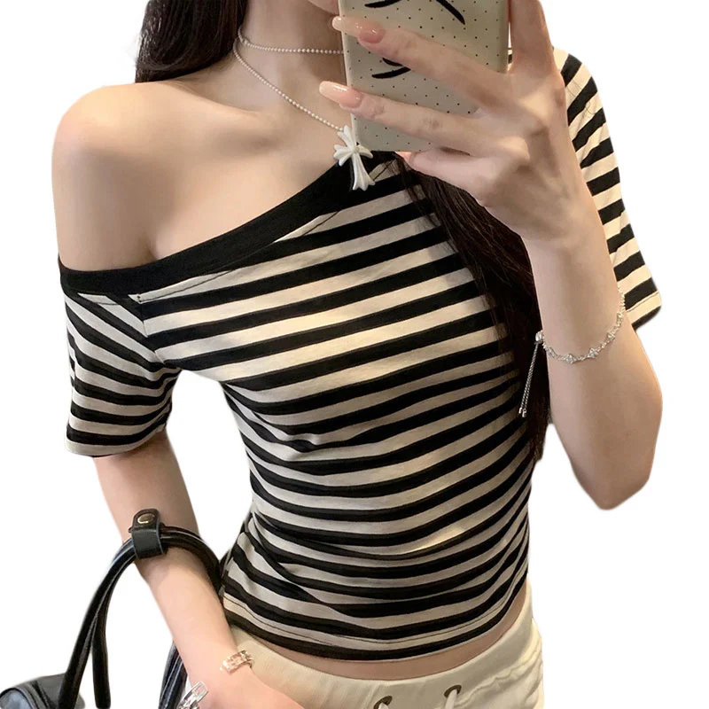 Womens Striped T-Shirt Slim One Shoulder Short Sleeve Crop Tops