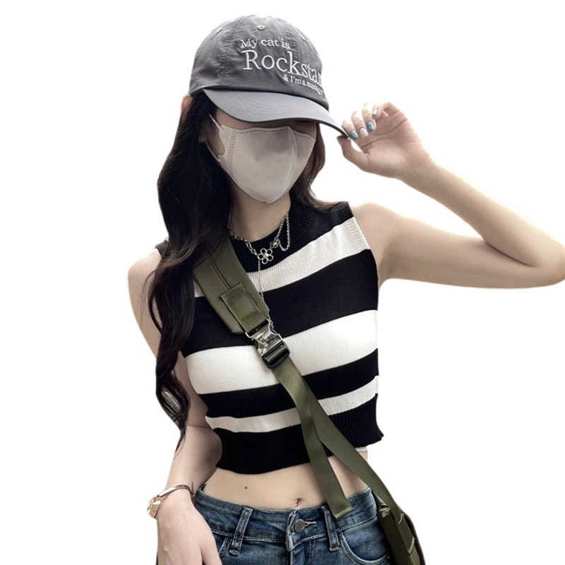 Women's Knit Tank Tops Stripe Print Sleeveless Mock Neck Slim Vest 