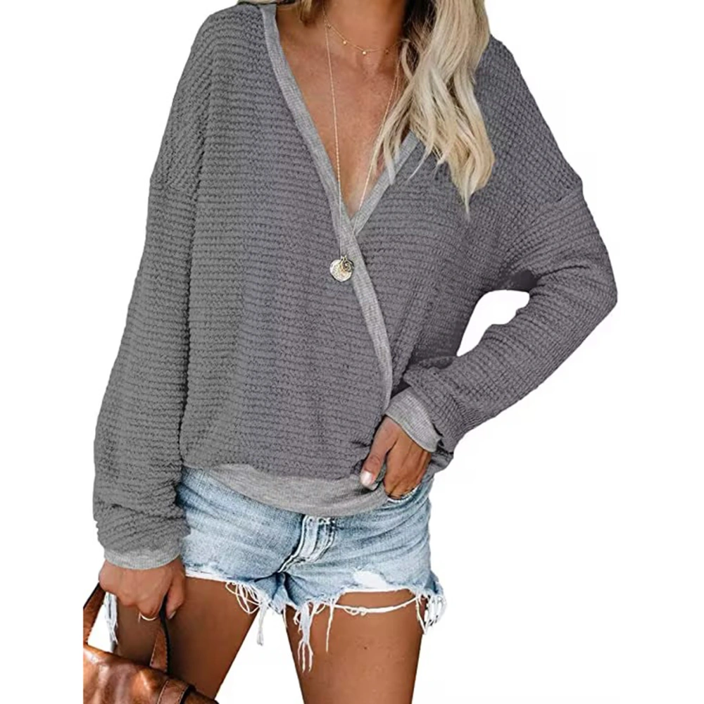 Women's Fall Loose Knit Tops Long Sleeves Wrap V-Neck Casual T-Shirt