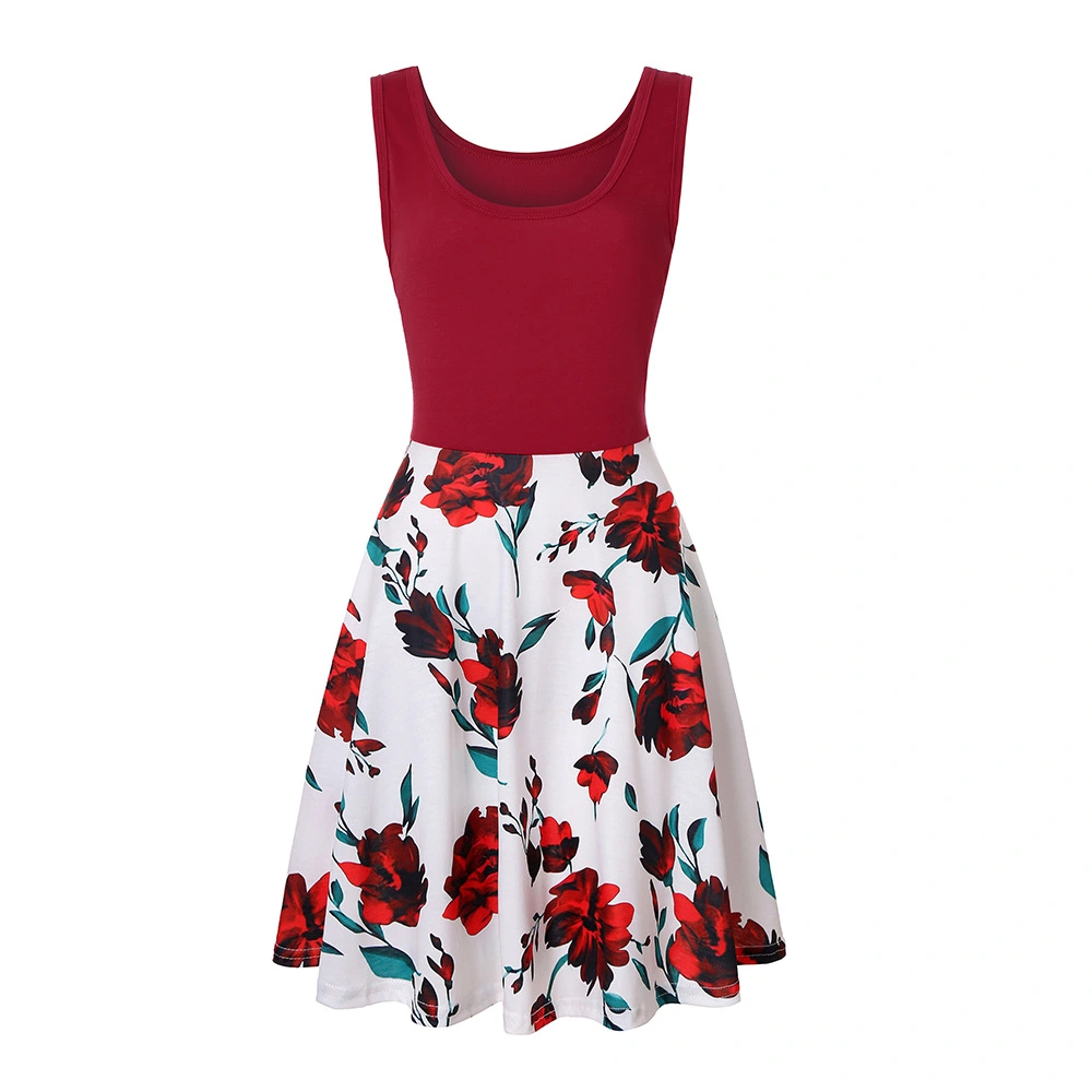 European And American Women's Color Matching Print Dress Summer Sleeveless Round Neck Large Hem Dress