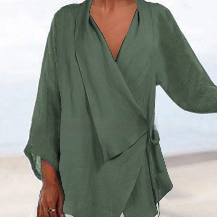 Pure Color Tied Irregular Hem Cotton Linen Women's Casual Top