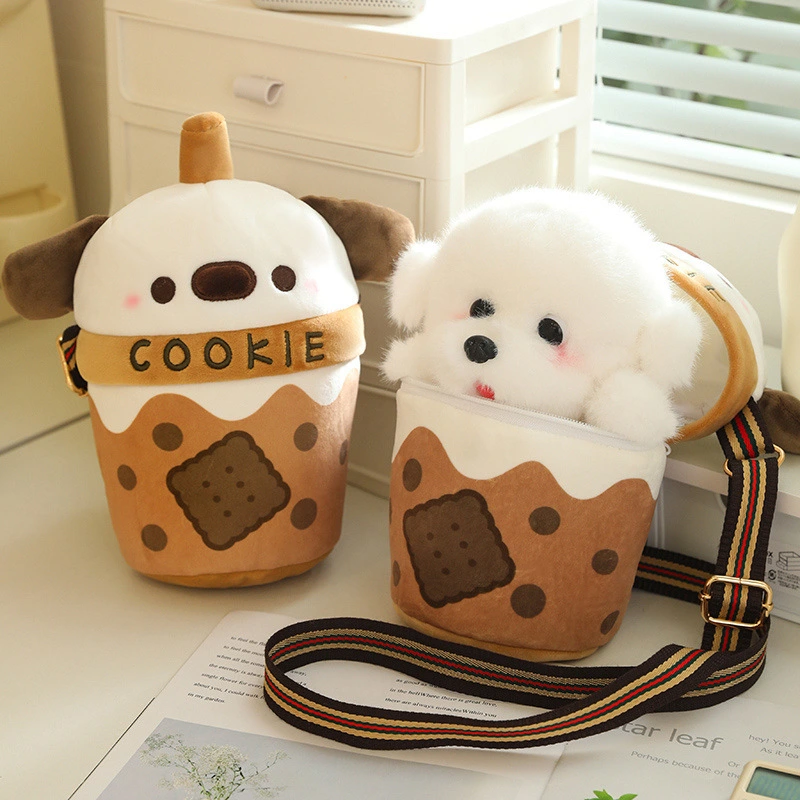 Milky Tea Cup Dog Crossbody Shoulder Bag Doll Plush Toy