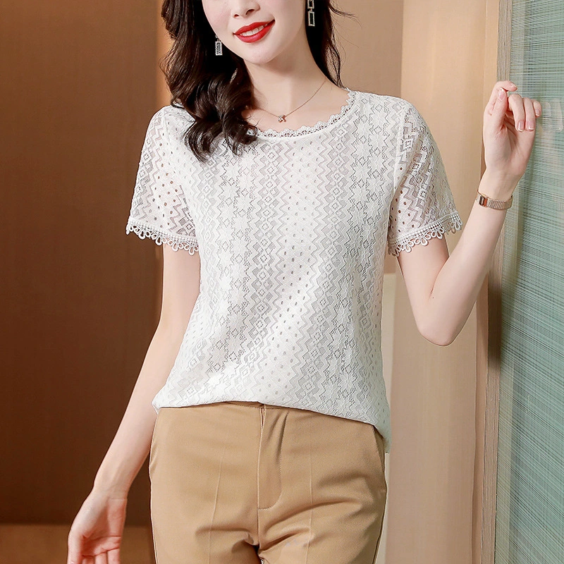 Women's Round Neck Short Sleeve Lace Bottoming Top