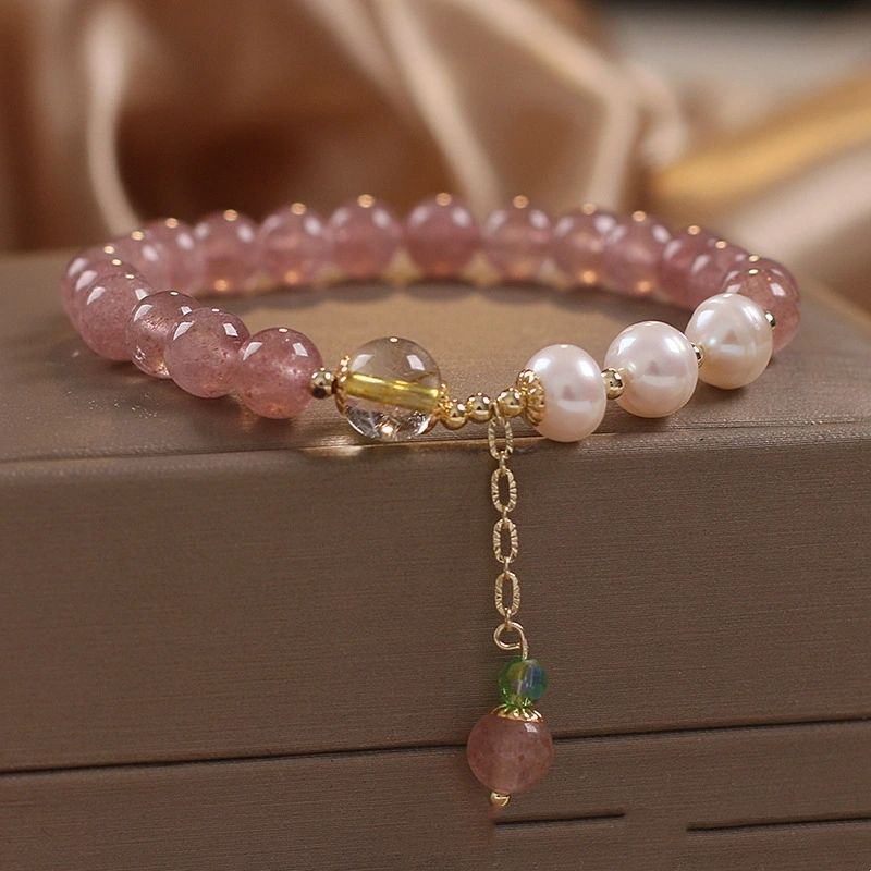 Natural Strawberry Quartz Freshwater Stringed Pearls Bracelet