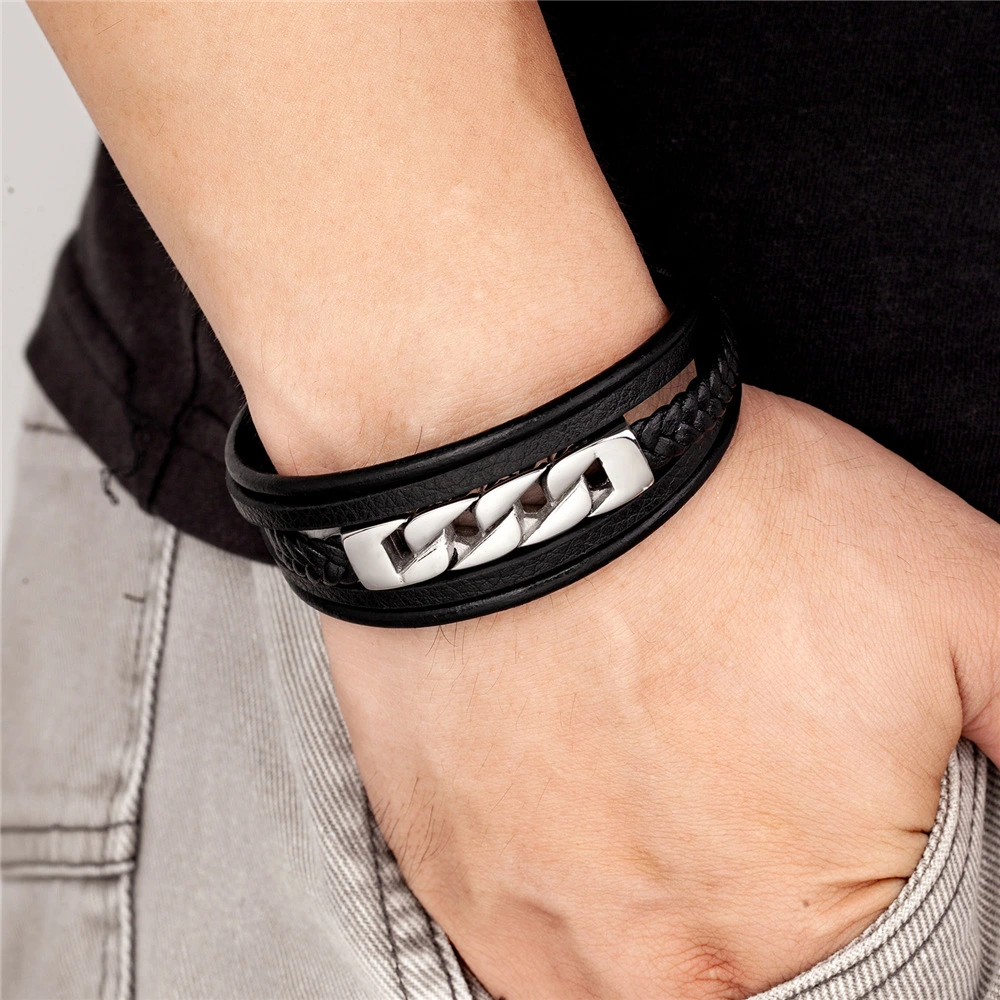 Popular Stainless Steel Leather Rope Multi-layer Woven Bracelet