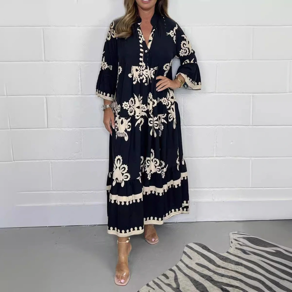 European And American Elegant Printing Stand-up Collar Cinched Dress