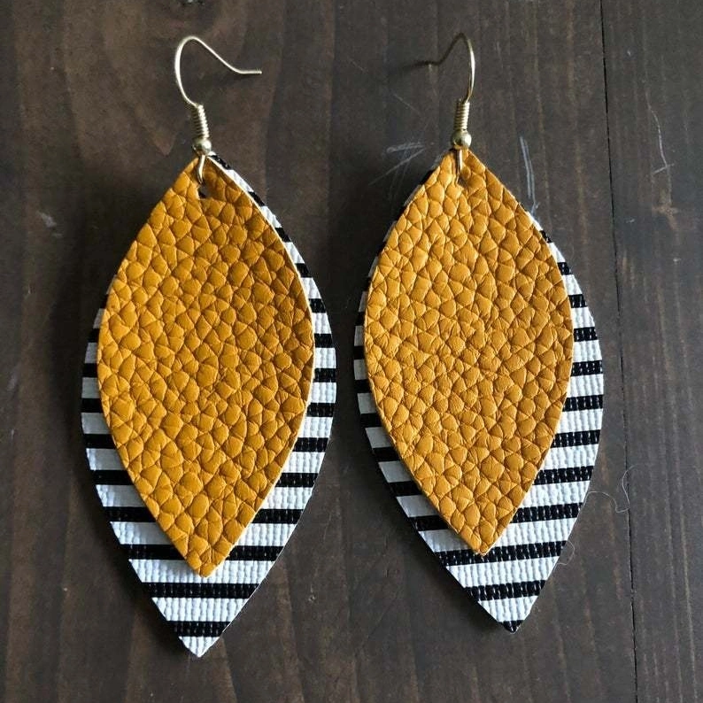 Striped Leaf Leather Earrings