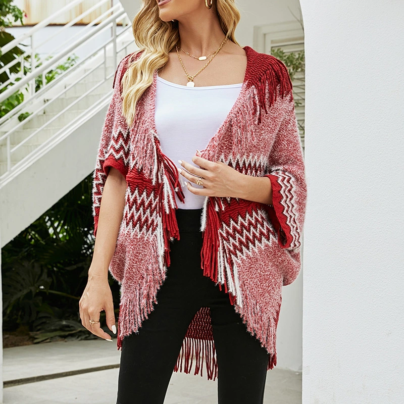 Women's Knitted Cape And Shawl Tassel Hem Color Matching Sweater