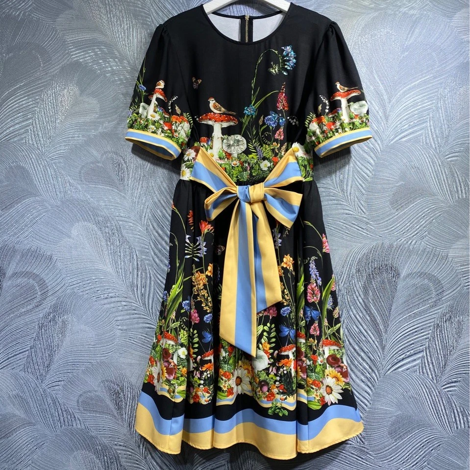 Round Neck Printed Short Sleeve Dress