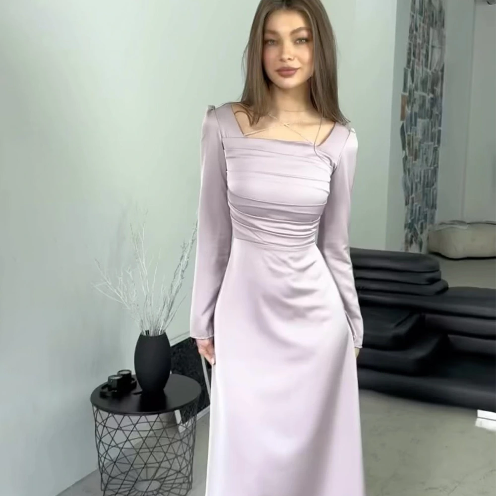 Slim-fit Diamond-encrusted Tied Long Sleeves Satin Dress