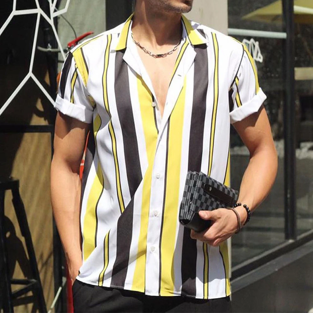 Men's Single Breasted Casual Short Sleeve Striped Shirt