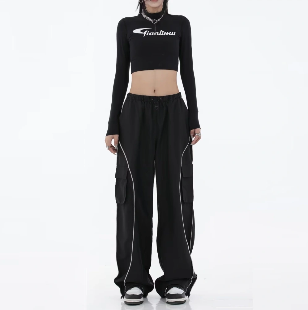 Black Mechanical Style Loose Retro Design Low Waist Casual Pants For Women