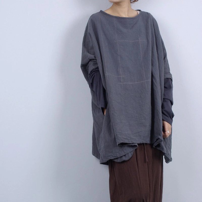 Design Sense Spring Clothes Women's Washed Cotton Hand-made Routing Long Sleeve Pullover T-shirt