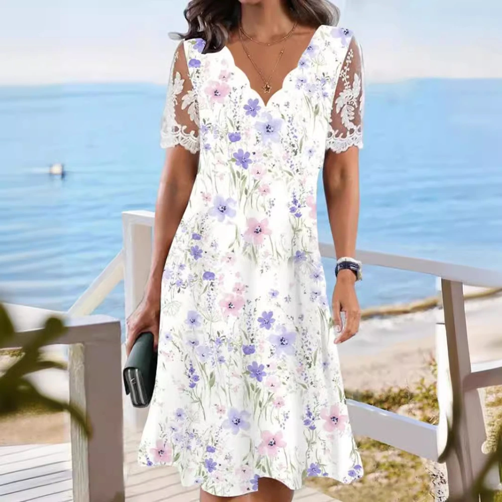 Women's Fashion Printed Short Sleeve Lace V-neck Patchwork Knitted Dress