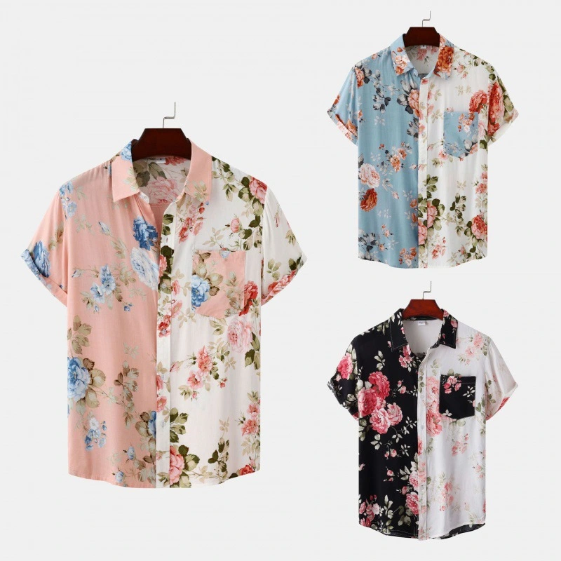 Men's Floral Stitching Short-sleeved Shirt