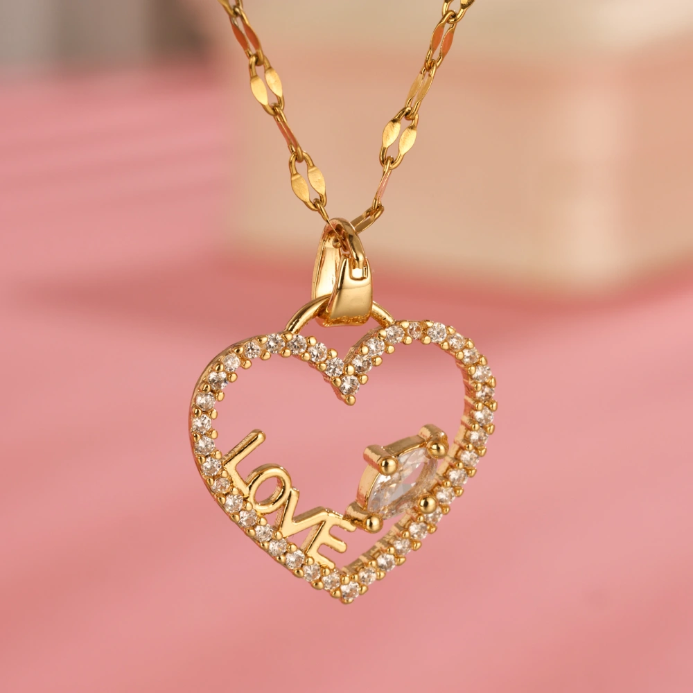 Simple And Hearty Hollow Out Design With Micro Inlaid Zircon Love Necklace Pendant For Valentine's Day Gift, Exquisite Collarbone Chain