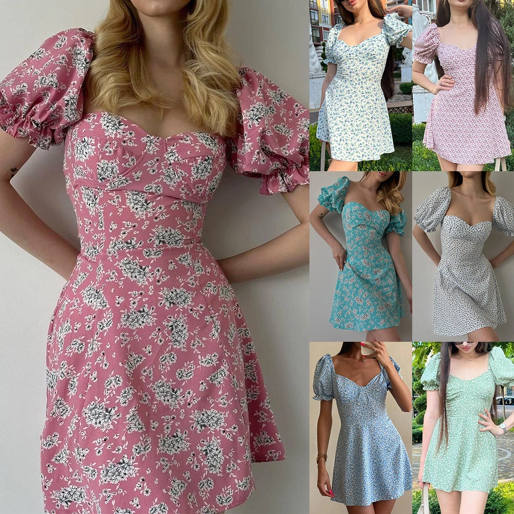 European And American Lace-up Vintage Floral High Waist Puff Sleeve French Dress