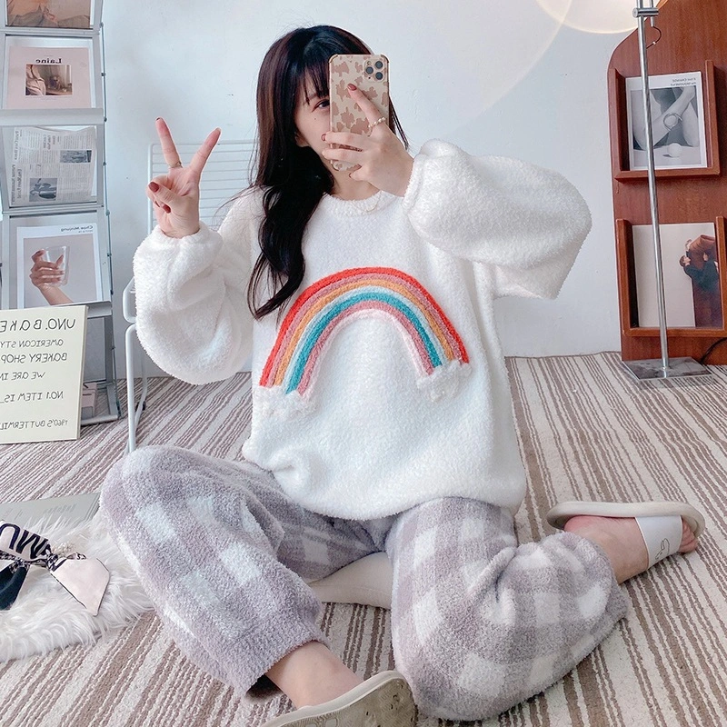 Korean Version Age Reducing Sweet Cartoon Rainbow Plaid Warm Home Clothes Suit